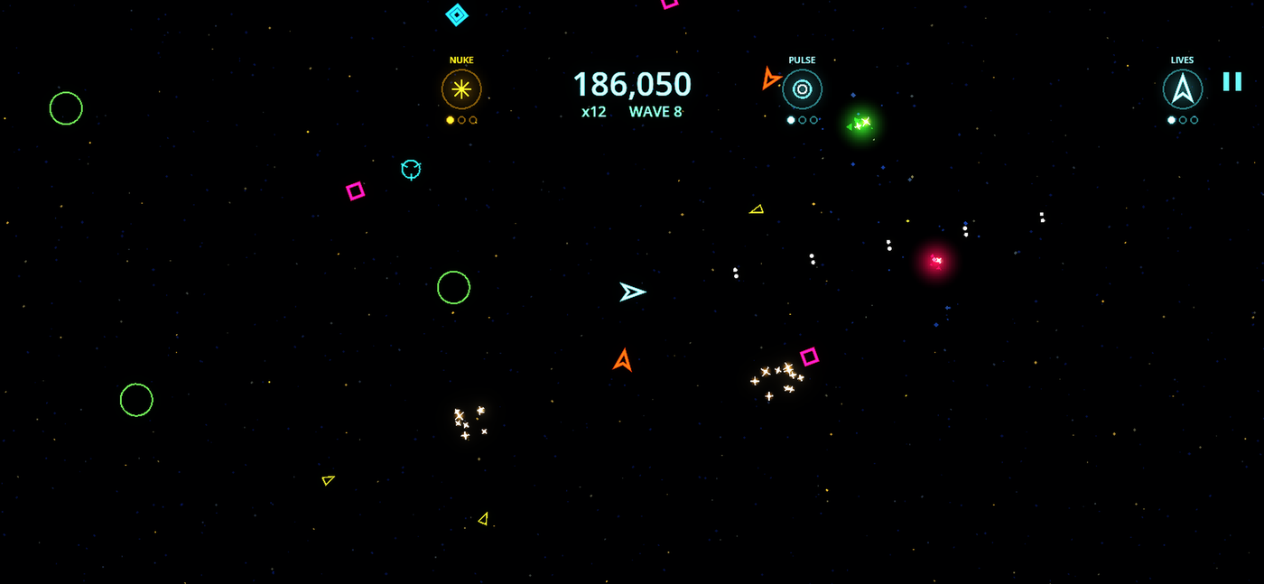 VectorStorm gameplay — the ship carving through a wave of neon enemies
