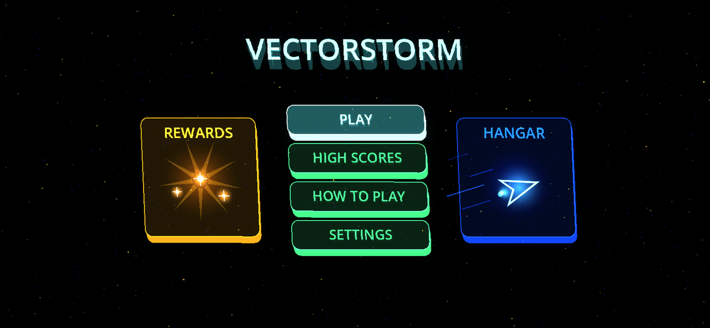 VectorStorm main menu with 3D tilting buttons