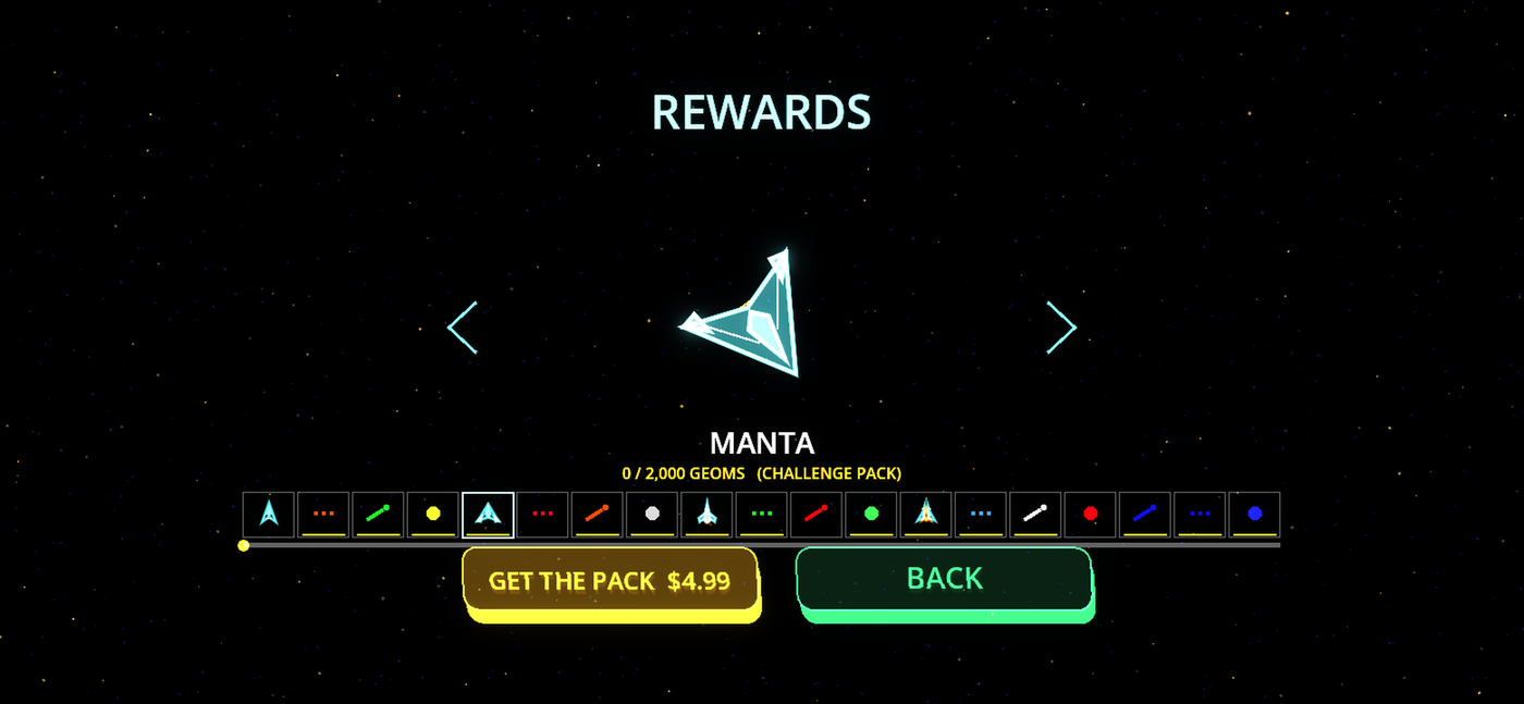 The VectorStorm rewards track of earnable ships, trails and lasers