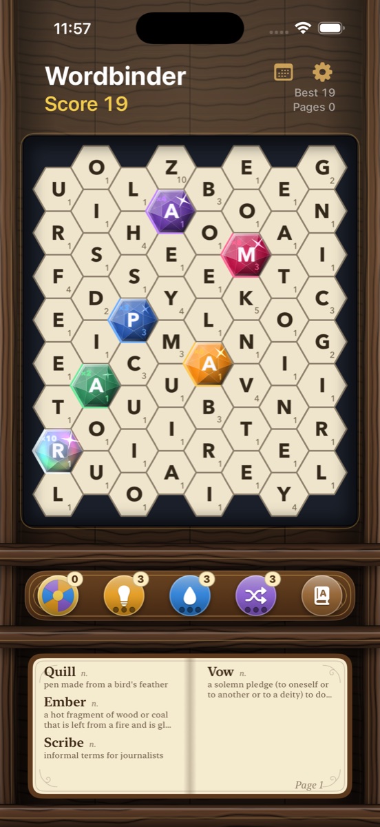 Wordbinder on iPhone — a board of hexagon letter tiles above an open book of collected words
